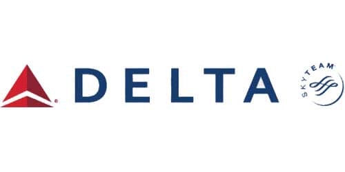Delta logo showing a red triangular widget at left, the word DELTA in navy blue capital letters, and the SkyTeam circular emblem at the right.