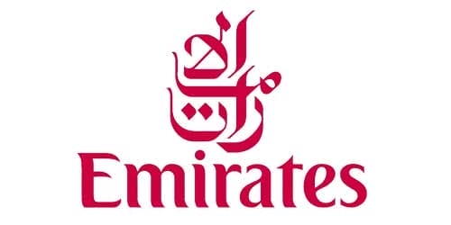Red Emirates logo with stylized Arabic calligraphy above the red 'Emirates' wordmark on a white background.
