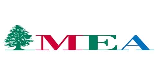 Stylized logo with a green evergreen tree at left above a thin baseline, followed by large serif letters “M” in red, “E” in green and “A” in blue.
