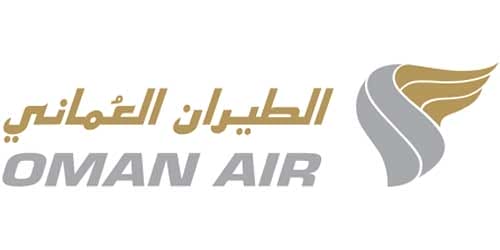 Airline logo with Arabic script above the words OMAN AIR in gray, accompanied by a stylized gold-and-gray wing emblem to the right