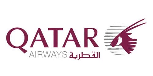 Qatar Airways logo: maroon 'QATAR' with gray 'AIRWAYS' and Arabic script below, plus a stylized maroon oryx head with horizontal gray lines to the right.