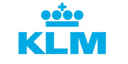 Blue KLM logo with a stylized crown composed of circles and a small cross above bold uppercase letters KLM.