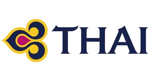 Thai Airways logo showing a stylized gold-and-navy floral emblem with a magenta center beside the word THAI in dark blue serif lettering.