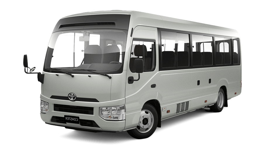 White Toyota Coaster minibus shown from a front-right three-quarter view, with a large windshield and side windows revealing rows of passenger seats against a plain background