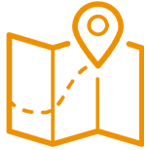 Orange outline of a folded map with a dashed route leading to a location pin