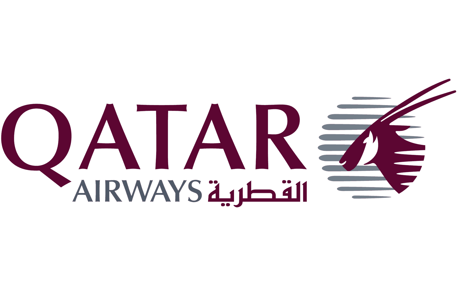 Qatar Airways logo showing large maroon 'QATAR', smaller grey 'AIRWAYS' with Arabic script beneath, and a maroon oryx head silhouette against horizontal grey stripes on the right.
