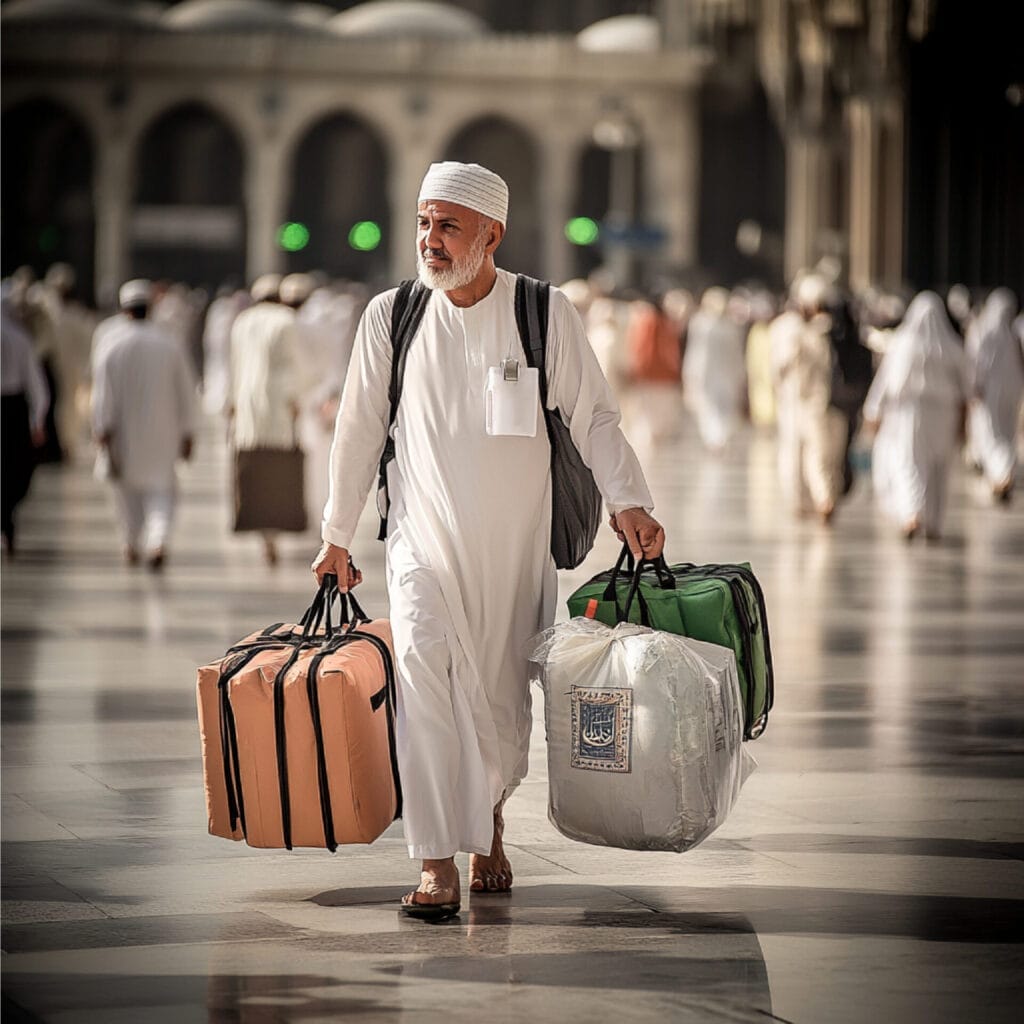 Bearded older man in a white robe and cap wearing sandals and a backpack walks across a polished marble courtyard carrying three large travel bags (peach, green and a plastic-wrapped gray one) with a blurred crowd in white robes and arched colonnades behind him.